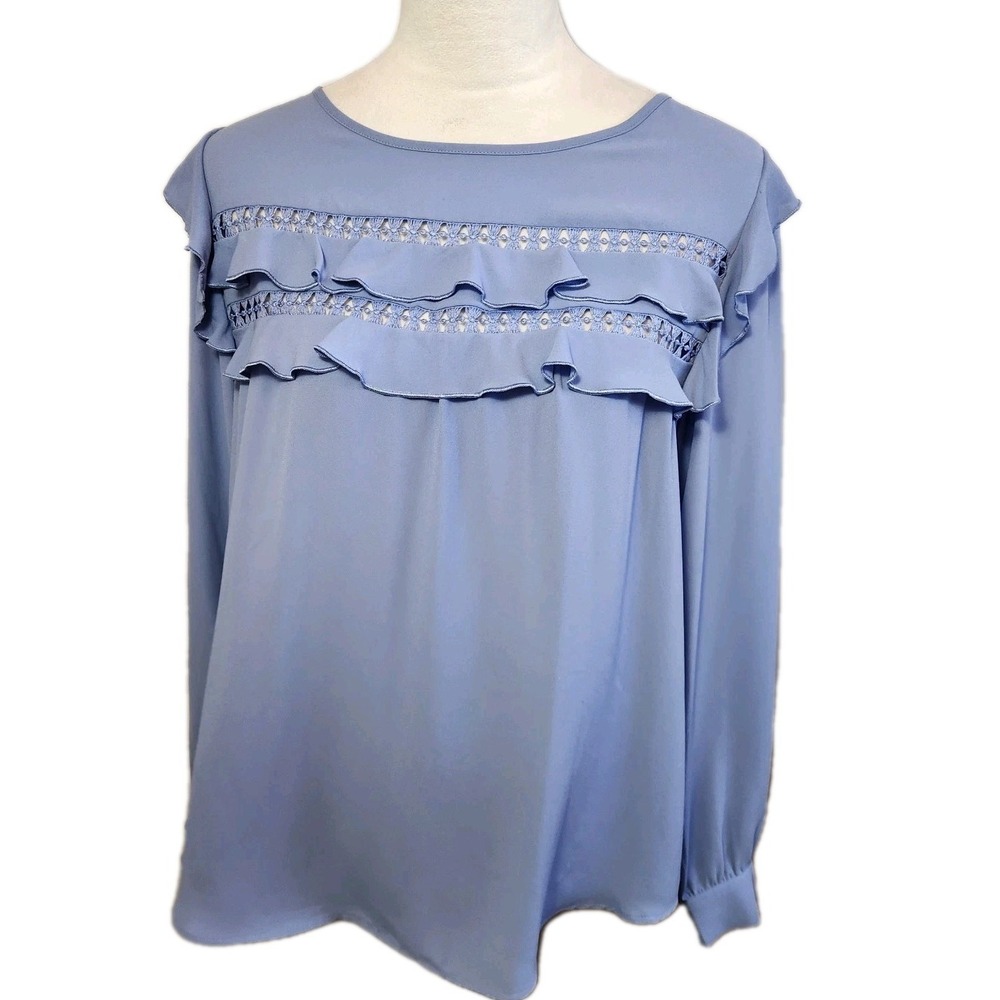 Ann Taylor Loft Womens Eyelet Lace Blouse Sz Medium Blue‎  Ruffled Sheer Top
